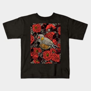 Zebra finch and red rose bush Kids T-Shirt